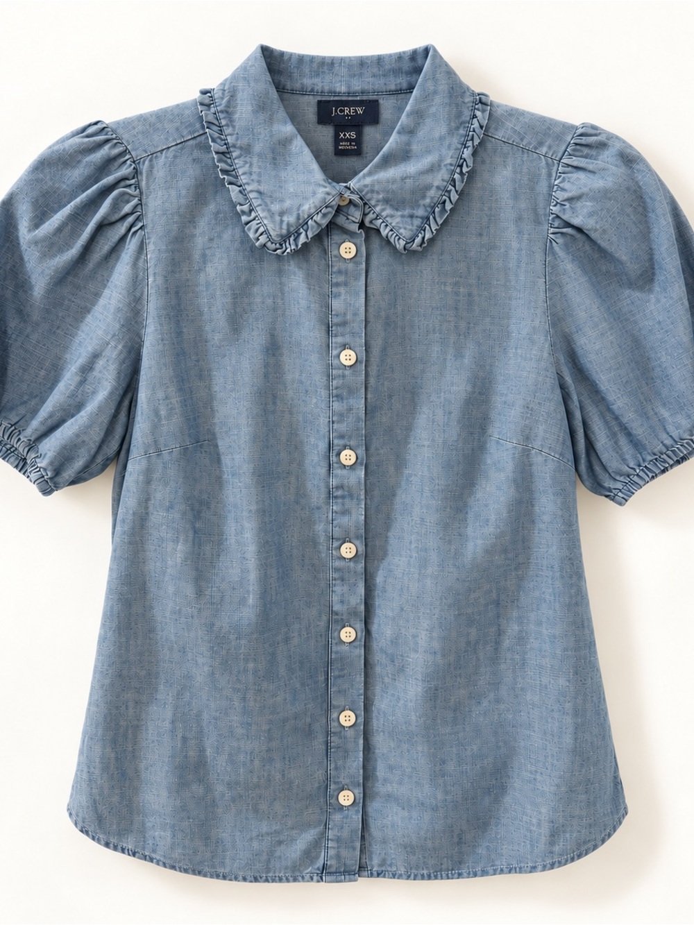 J.Crew Factory Chambray Puff-Sleeve Ruffle-Collar Top XXS Like New